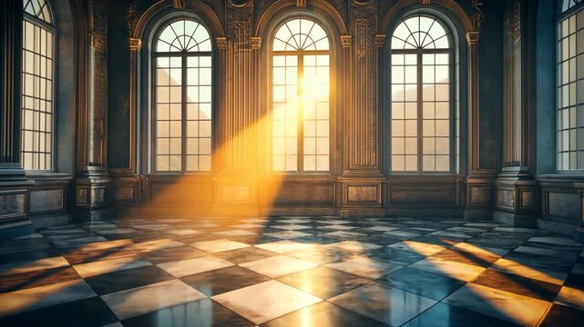 Elegant sunlit interior of a grand hall featuring ornate architecture and polished floor reflections