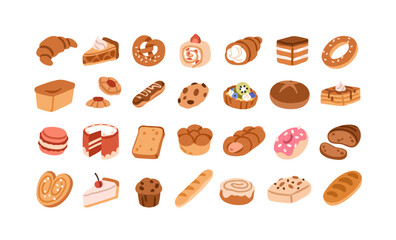 Bakery and pastry icons set. Patisserie assortment. Croissant, pie, cake, roll, bun and cookie. Muffin, bread, baguette, biscuit and cheesecake. Flat vector illustration isolated on white background