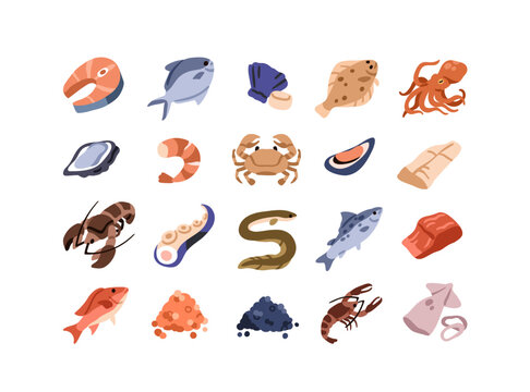 Seafood set. Sea food collection. Salmon fish and trout fillet, squid, oyster, shrimp, octopus tentacle, mussel and caviar. Marine produce icons. Flat vector illustration isolated on white background