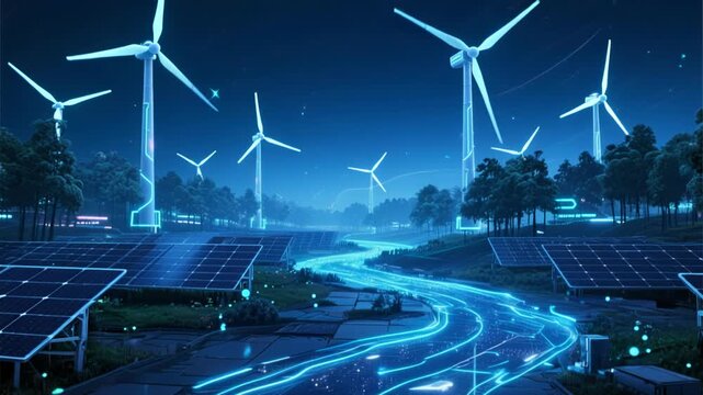 Wind turbines generating clean energy in a green field under blue sky