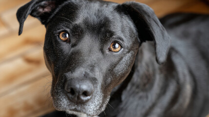 Black lab dog close-up with attentive expression.