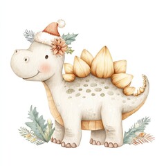 Cute dinosaur character wearing a festive hat surrounded by tropical leaves in a playful illustration