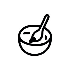A simple line drawing of a bowl filled with liquid and a spoon resting inside, black and white art