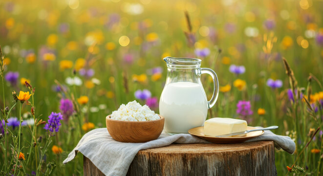 A decanter with fresh milk, a wooden bowl with crumbly cottage cheese and a piece of butter on a round piece of wood against a background of wildflowers.