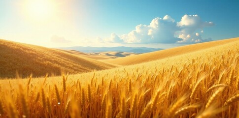 Obraz premium Rolling hills of wheat bathed in sunlight, azure sky above, field, countryside, vibrant