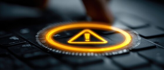 A glowing orange warning symbol appears on a dark computer keyboard