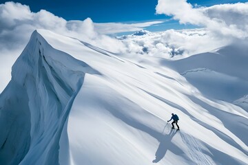 An Athlete Ascends a Steep Snowy Mountain Ridge Under a Cloudy Sky