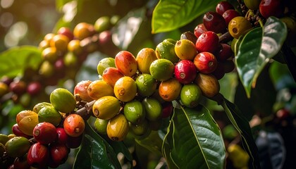 Coffee cherries on branch, various stages of ripeness