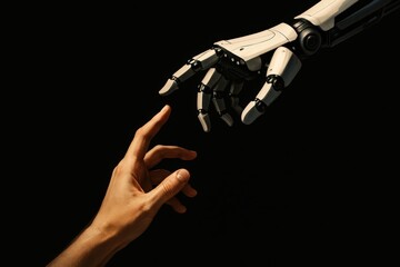 Human Hand Reaching Out to Robotic Hand Touching in Dark Background