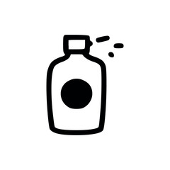 Illustration of a spray bottle with a round label and spray effect in a simple line drawing style