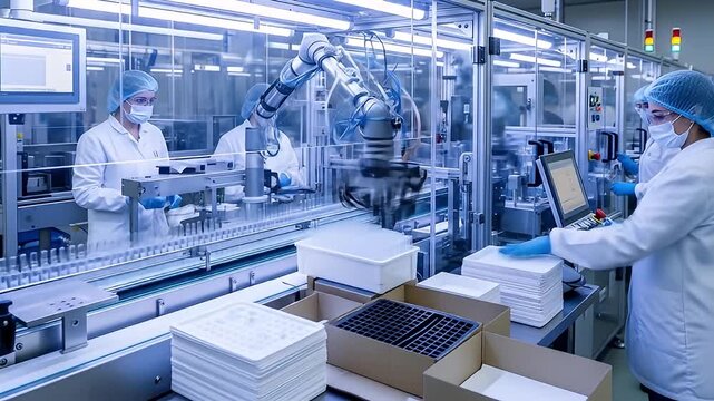 Automated Manufacturing Process: Robots and Technicians Collaborate in High-Tech Production Line