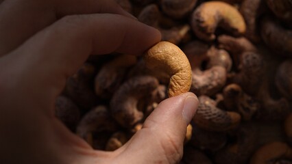 Close-up of hands holding single raw cashew nut