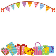 お祝いパーティ用フレーム｜円弧ガーランドとたくさんのプレゼント(Party Celebration Frame with Curved Garland and Many Gifts)