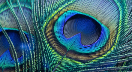 Obraz premium Vibrant Peacock Feather Macro Close-Up. Colorful close-up of peacock feather showing iridescent blues, greens, and purples. 