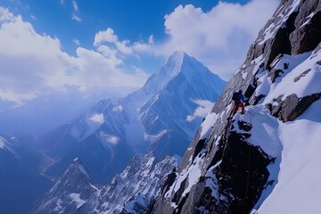 Expert climber scales icy mountain face reaching for the summit with determination and skill