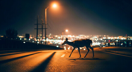 Deer Crossing Empty Highway at Night.
Silhouetted deer walking across an empty highway with city lights blurred in the background.