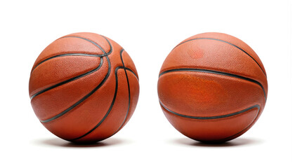 Obraz premium Two textured basketballs shown from front, side views isolated on white background. Objects display classic orange color, black lines with subtle shadow for depth. Ideal for sports promotions, game