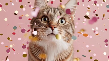 very surprised excitement cat with open mouth and confetti , greeting card party