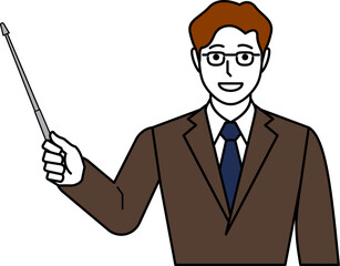 メガネ、茶色のスーツ、指し棒を持つ男性
