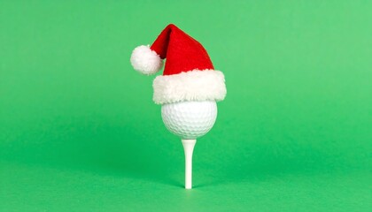 Festive golf concept for the Christmas holidays. A golf ball wearing a Santa hat sits on a tee against a bright green background.