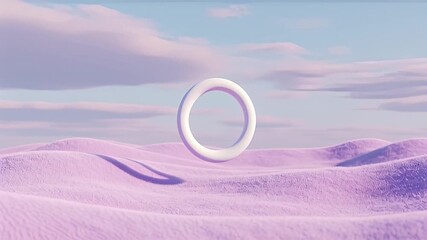 Abstract scene with floating ring and pastel landscape.