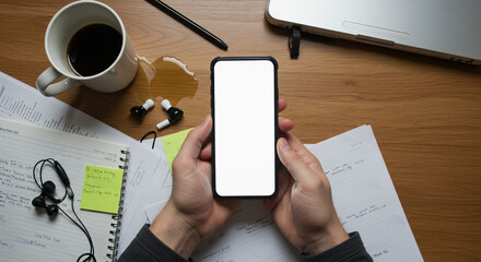 Top-down view of a person’s hand holding a smartphone above a messy desk with coffee cup, notebook, and earphones