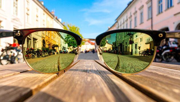 Vintage sunglasses on wooden table reflecting vibrant European street with bicycles and buildings under bright blue sky, creating warm and lively atmosphere