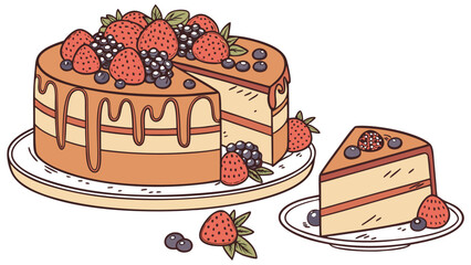 Illustration of a layered cake with caramel drizzle and a slice next to it adorned with berries and fruit