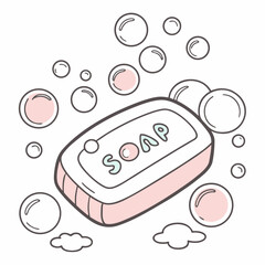 Illustration of soap and bubbles isolated on white background, a hygienic and cleansing product