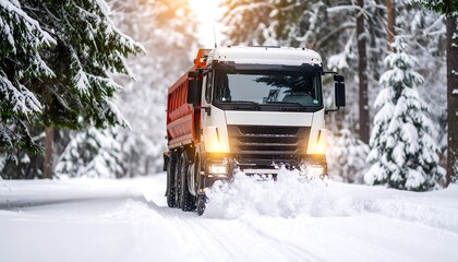 Snow Plow Truck Clearing Road in Snowy Winter Forest Landscape.