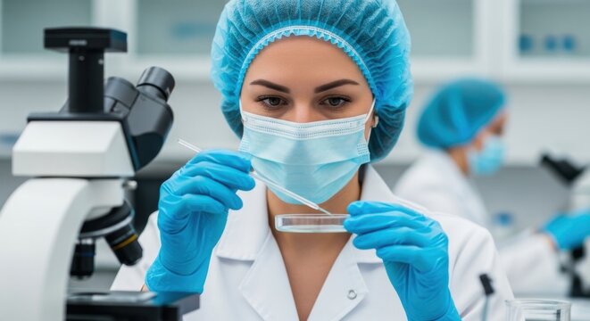 A female scientist in a lab coat and mask examines a sample under a microscope during a medical research experiment
