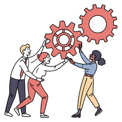 Teamwork with gears and people isolated on white background