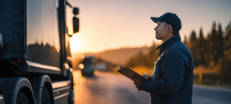 The truck driver examining logistics at sunset for safe transportation.