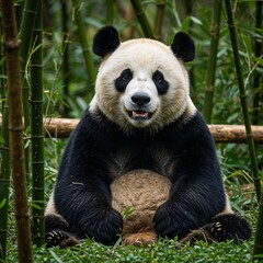 Fototapeta premium Sitting Giant Panda in Natural Habitat Green Bamboo Background