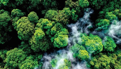Dense jungle canopy, aerial view, misty