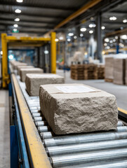 Conveyor belt with stone packages in an industrial factory.