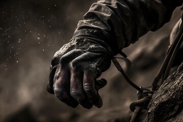 Gloved Hand Gripping Rocky Terrain During Extreme Outdoor Adventure