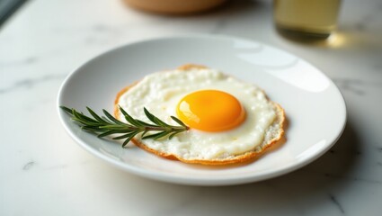 Perfectly Fried Egg with Rosemary Garnish on a White Plate