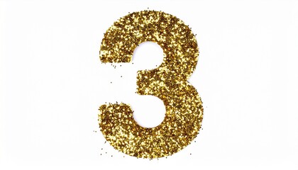 Number 3 in gold glitters, white background. Photo for 3rd birthday or anniversary celebration