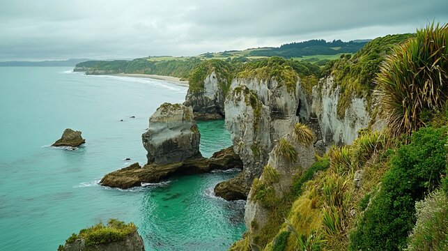 Scenic view of a rocky coastline with turquoise waters and lush greenery on a cloudy day landscape - Powered by Adobe