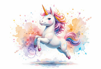 Naklejka premium A vibrant watercolor painting of a happy unicorn, radiating pure delight and fantasy.