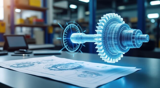 Holographic turbine engine component visualization above engineering blueprints