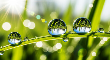 Dew Covered Grass with Forest Reflections in Water Droplets