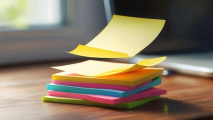 Colorful sticky notes floating over a stack