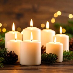 Eight lit white candles arranged on a wood surface, surrounded by pine branches and pine cones, with bokeh lights in the background