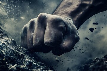 Powerful Fist Breaking Through Rocky Surface Symbolizing Strength Determination Resilience and...