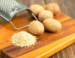 Nutmeg spice on wooden board