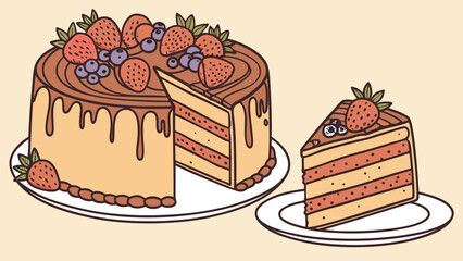 Illustration of a layered cake with chocolate frosting and berries next to a slice on a plate near it