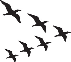 A silhouette of birds flying in formation, minimal vector style, on white