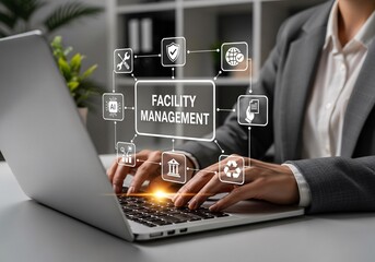 Naklejka premium Facility Management Concept. Professional works on laptop with digital icons representing facility management, security, maintenance tools, AI, sustainability, safety, and smart building operations.